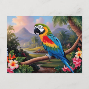 Cartão Postal Papagaio Exótico Colorido no Galho