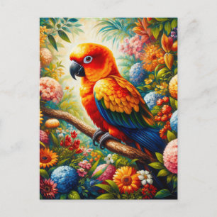Cartão Postal Papagaio Sun Conure com Flores Coloridas
