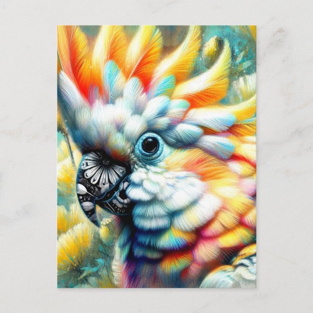Cartão Postal Papagaios Amarelos de Aves Cockatoas Floral (Frente)