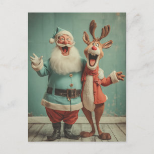 Cartão Postal Papai Noel Alegre e Rudolph Animam