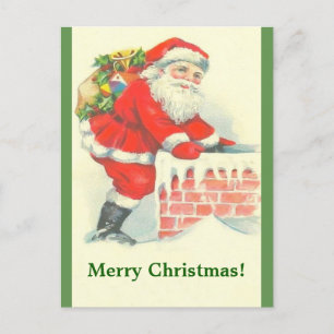 Cartão Postal Papai Noel Antigo e Chaminé Beleza Clássica