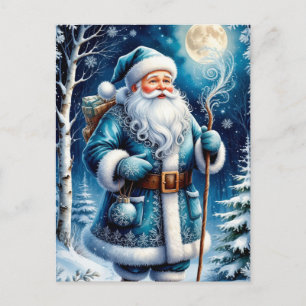 Cartão Postal Papai Noel Azul Caminhando pela Floresta Nevada so