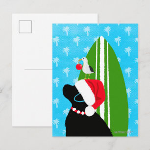 Cartão Postal Papai Noel Black Lab Prancha de Surf Cachorro Nata