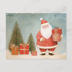 Cartão Postal Papai Noel caprichoso com árvore de Natal e presen