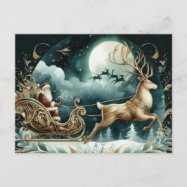 Cartão Postal Papai Noel chegando num trenó de rena Dourado