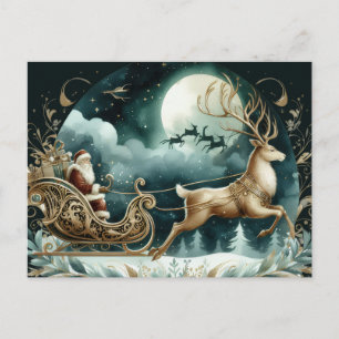 Cartão Postal Papai Noel chegando num trenó de rena Dourado