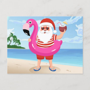 Cartão Postal Papai Noel com anel inflável flamingo