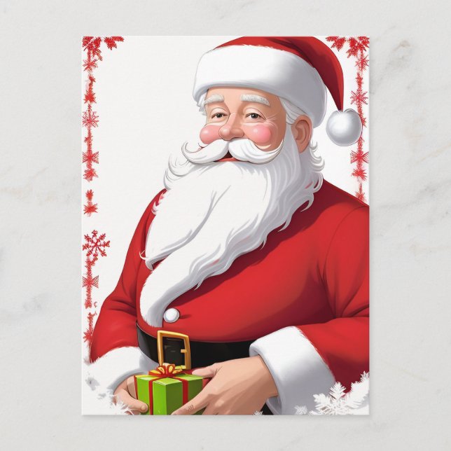 Cartão Postal 🎄 Papai Noel Com Caixa de Presente Alegria ❄️ Nat (Frente)