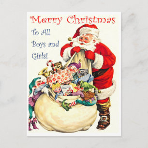 Cartão Postal Papai Noel com um saco cheio de brinquedos, vintag