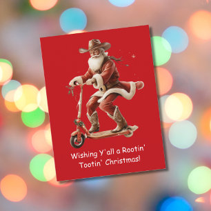Cartão Postal Papai Noel Cowboy de Scooter Saudação de Natal