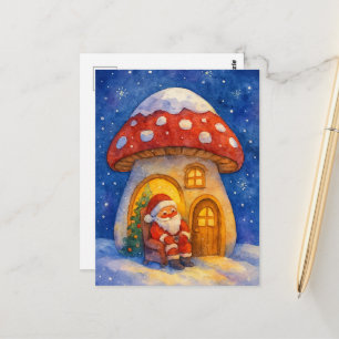Cartão Postal Papai Noel de Aquarela Fofo Casa de Cogumelo Feria