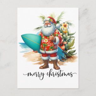Cartão Postal Papai Noel do Havaí segurando prancha de surfe no
