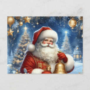 Cartão Postal Papai Noel e árvore de Natal, azul & dourado