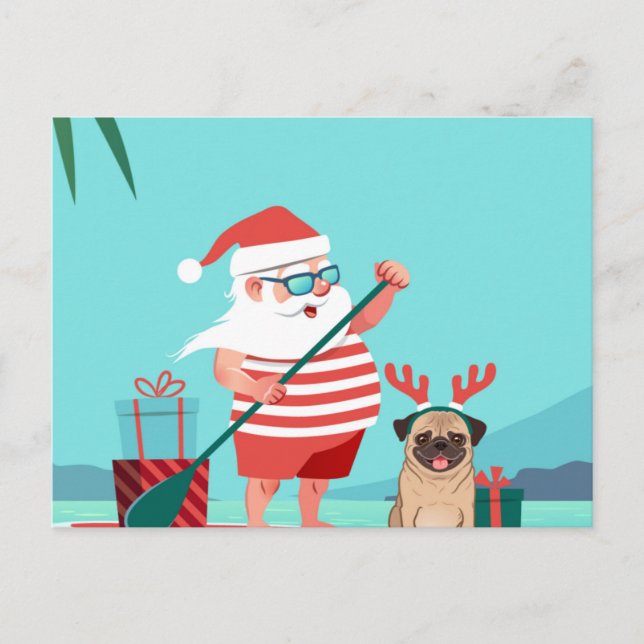 Cartão Postal Papai Noel e o Pug dele no surfboard (Frente)