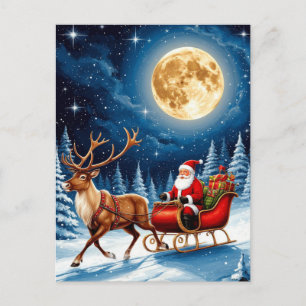 Cartão Postal Papai Noel e Rena Voando Através do Luar