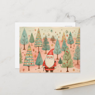 Cartão Postal Papai Noel em uma Floresta de Árvores de Natal