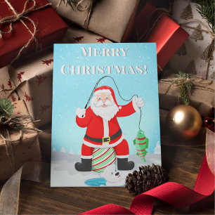 Cartão Postal Papai Noel Engraçado Pescando no Gelo com Urso Pol