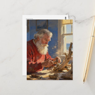 Cartão Postal Papai Noel entalha madeira flutuante em uma cabana