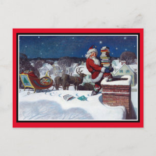 Cartão Postal Papai Noel entregando braçada de livros