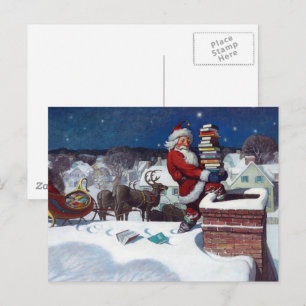 Cartão Postal Papai Noel entregando braçada de livros por Wyeth