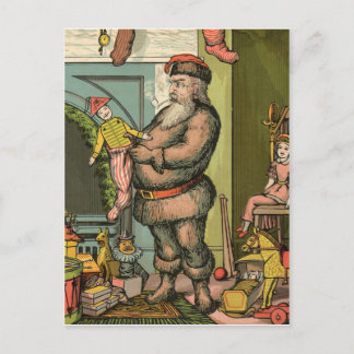 Cartão Postal Papai Noel está colocando um brinquedo em uma meia