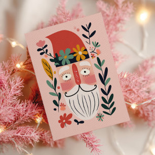 Cartão Postal Papai Noel Fofo Natal Floral Rosa Retrô Feliz Nata