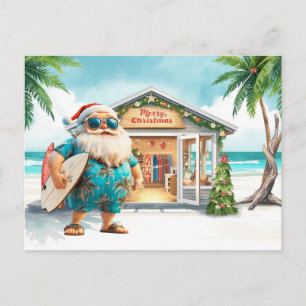 Cartão Postal Papai Noel havaiano segurando prancha de surfe no
