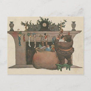 Cartão Postal Papai Noel Rústico Pendurando Meias pela Lareira