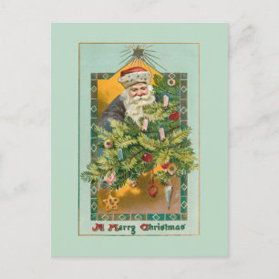 Cartão Postal Papai Noel Sorridente Vintage, Árvore de Natal e E