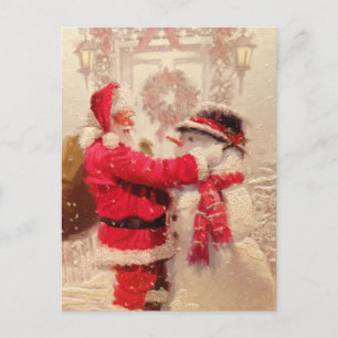 Cartão Postal Papai Noel Vintage e Natal de Boneco de Neve