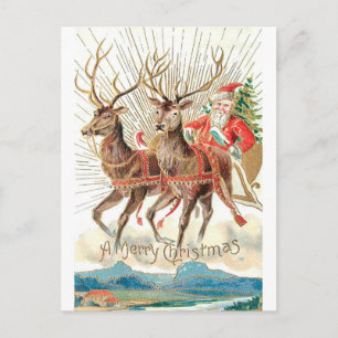 Cartão Postal Papai Noel Vintage Trenó de Natal Rena 
