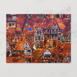 Cartão Postal Papai Noel voando sobre uma vila de pão-de-gengibr