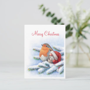 Cartão Postal Papai Noelzinho com um tordo-vermelho