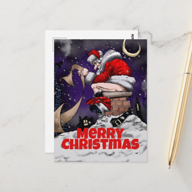 Cartão Postal Papais noeis de desenho animado sentados na chamin (Frente/Verso In Situ)