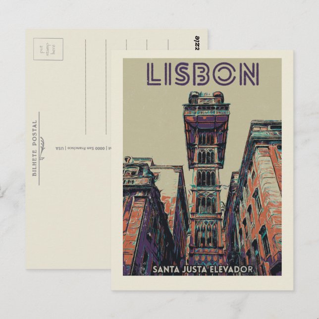 Cartão Postal Papais noeis de Lisboa, ilustração do elevador Jus (Frente/Verso)