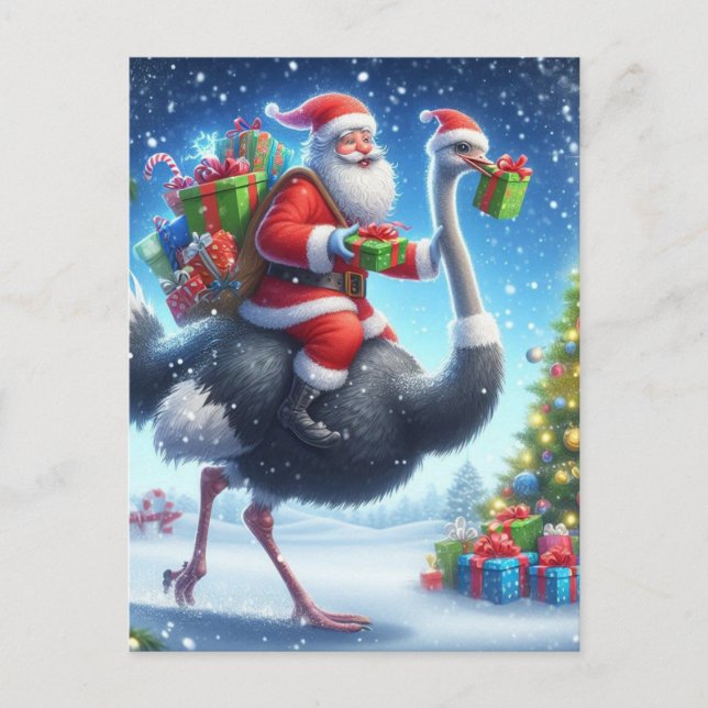 Cartão Postal Papais noeis e o Natal Festivo de Ostrich (Frente)