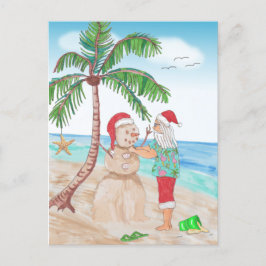 Cartão Postal Papais noeis no Prédio de Praia um Snowman