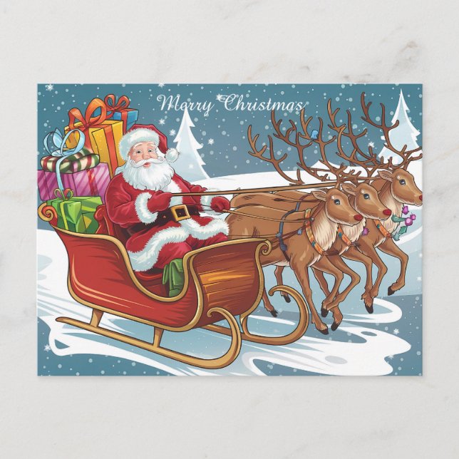 Cartão Postal Papais noeis Sleigh Ride Christmas Gifts and Reind (Frente)