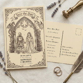 Cartão Postal Papel Antigo Sepia Gótico Medieval Salvar a Data