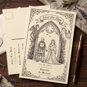 Cartão Postal Papel Antigo Sepia Gótico Medieval Salvar a Data