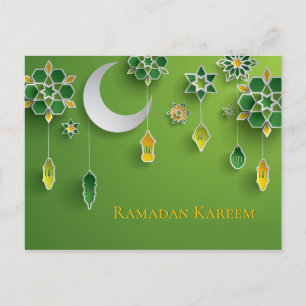 Cartão Postal Papel cortado Lanternas Ramadãs, Lua, Flores, Ver