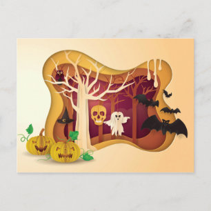 Cartão Postal Papercut em árvore do Dia das Bruxas Ghost & Skul