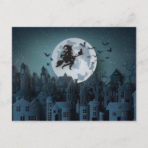 Cartão Postal Papercut Halloween Witness Voando sobre a Cidade
