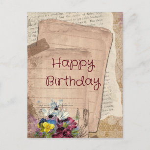 Cartão Postal Papers e Flores Antigos Feliz Aniversário