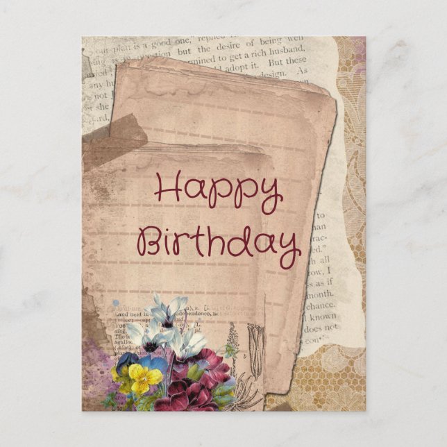 Cartão Postal Papers e Flores Antigos Feliz Aniversário (Frente)