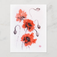 Papoulas vermelhas tinta sumie e aquarela