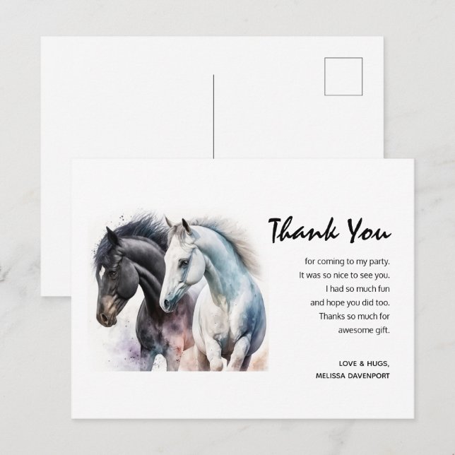 Cartão Postal Par de Cavalo Negro e Branco em Aquarela Obrigado (Frente/Verso)