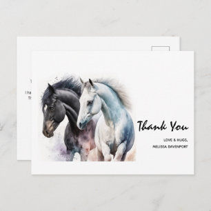Cartão Postal Par de Cavalo Negro e Branco em Aquarela Obrigado