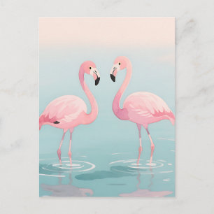 Cartão Postal Par de Flamingos Rosa Aquarela Serenidade