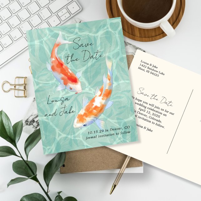 Cartão Postal Par de Koi Tropical Salve a Data (Criador carregado)